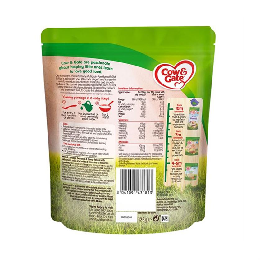 Cow & Gate Multigrain Baby Porridge with Berry, Oat & Rye - 125gms, 6+months