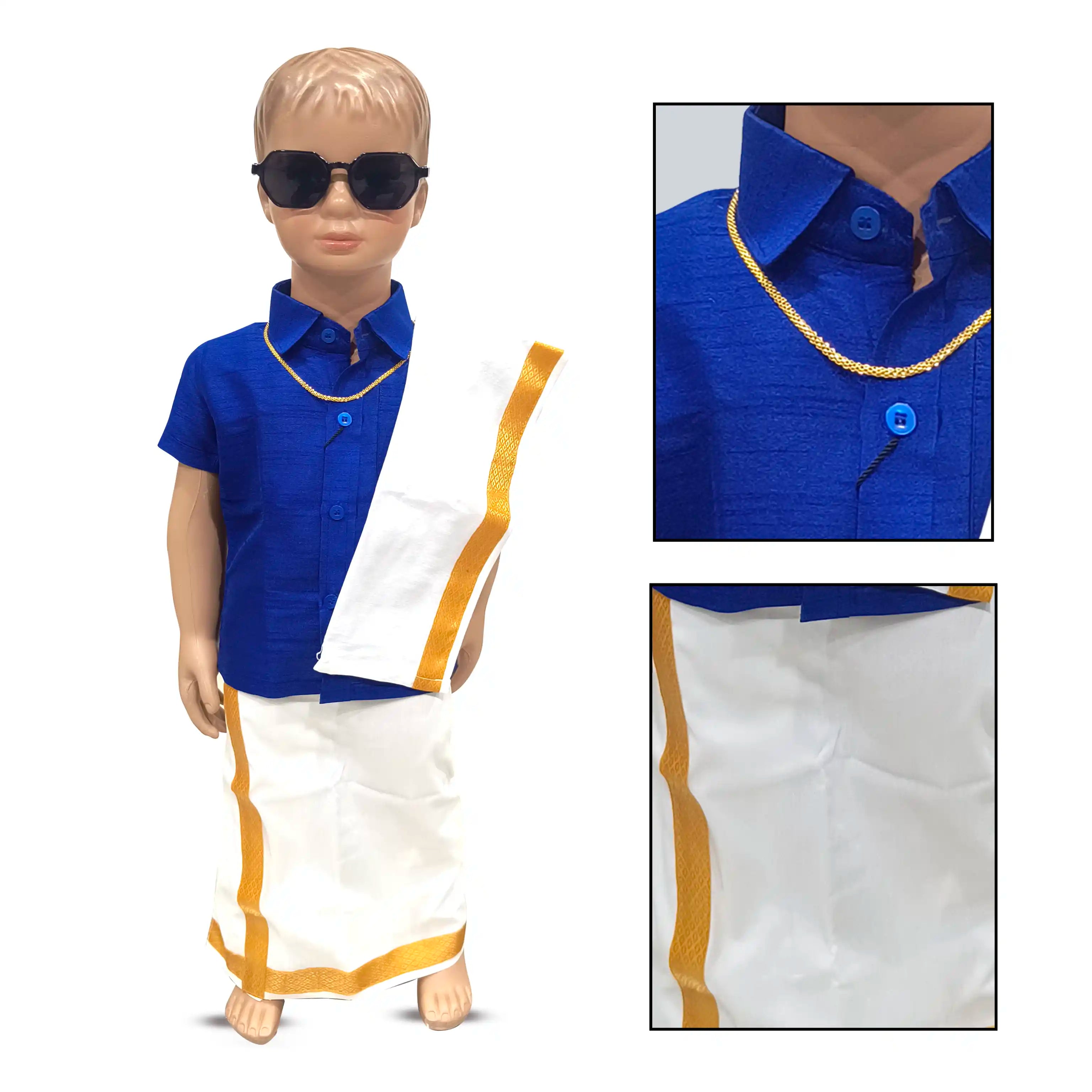 Readymade Silk Shirt with Kanduva and Cotton Dhoti - Multicolor