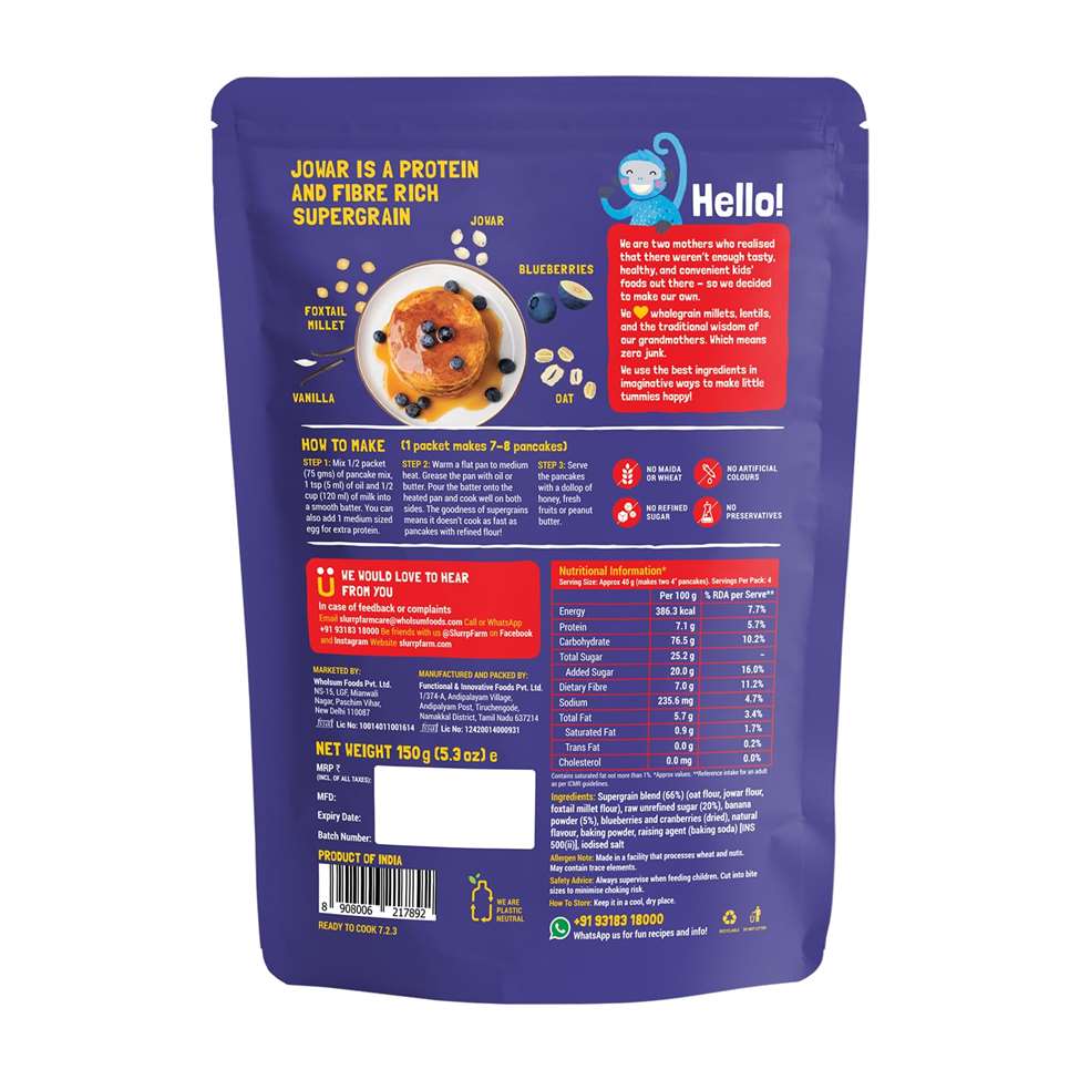 Slurrp Farm Millet Pancake Mix in Blueberry Flavour for Small Children - 150gms, 1year & above