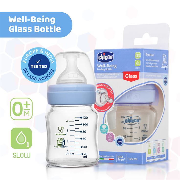 Buy Chicco Well-Being Glass Feeding Bottle for Babies (Slow Flow) - 120ml Online in India at uyyaala.com
