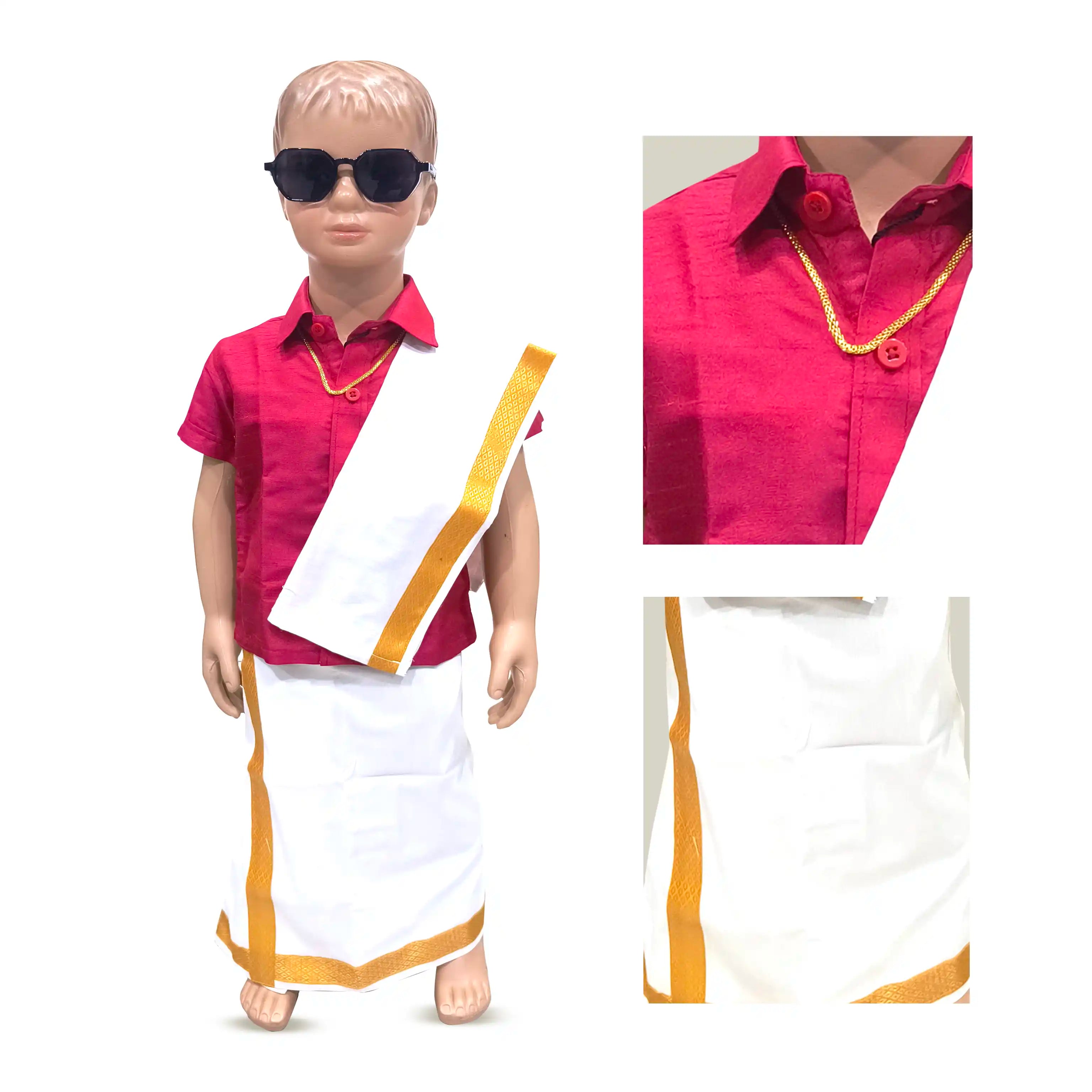 Readymade Silk Shirt with Kanduva and Cotton Dhoti - Multicolor