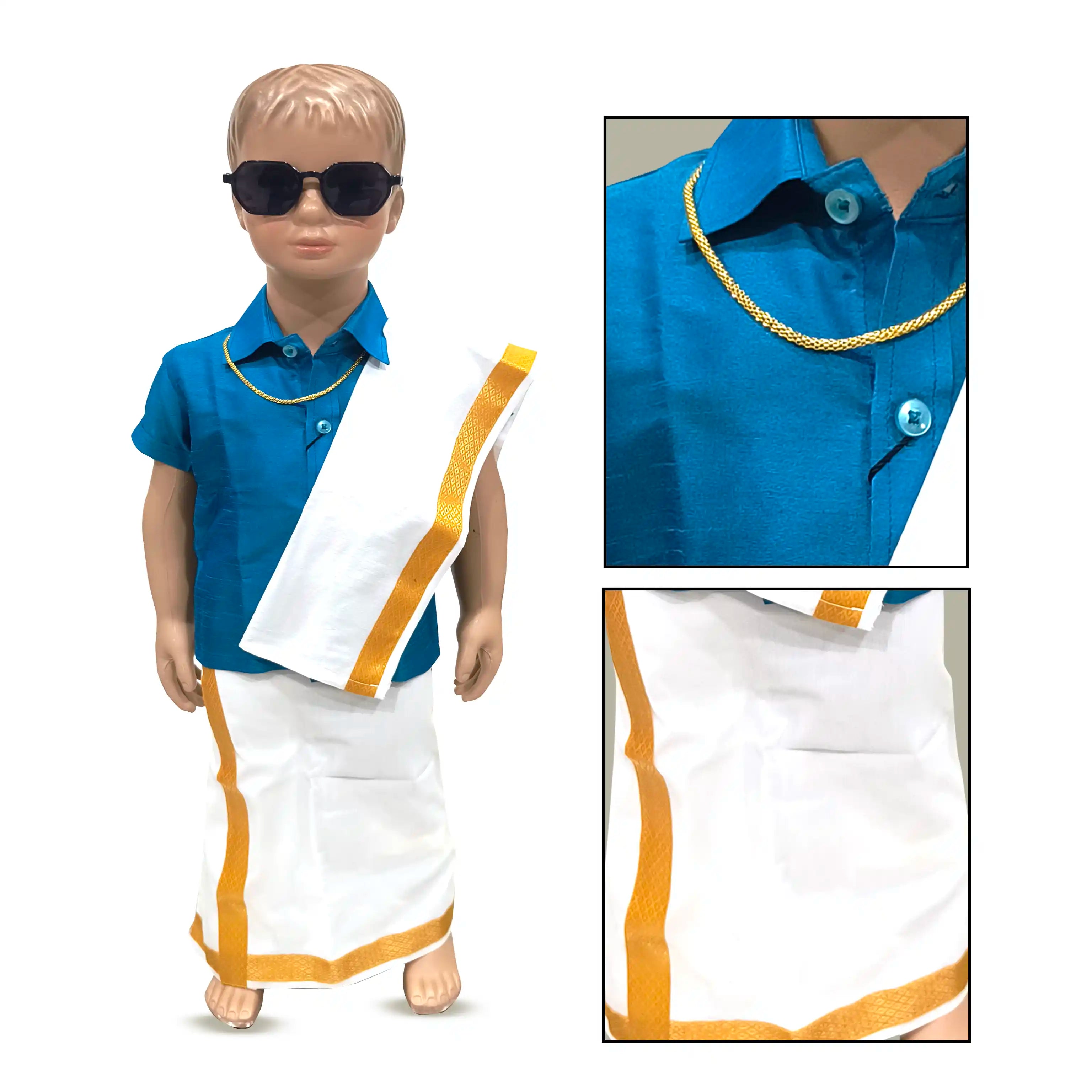 Readymade Silk Shirt with Kanduva and Cotton Dhoti - Multicolor