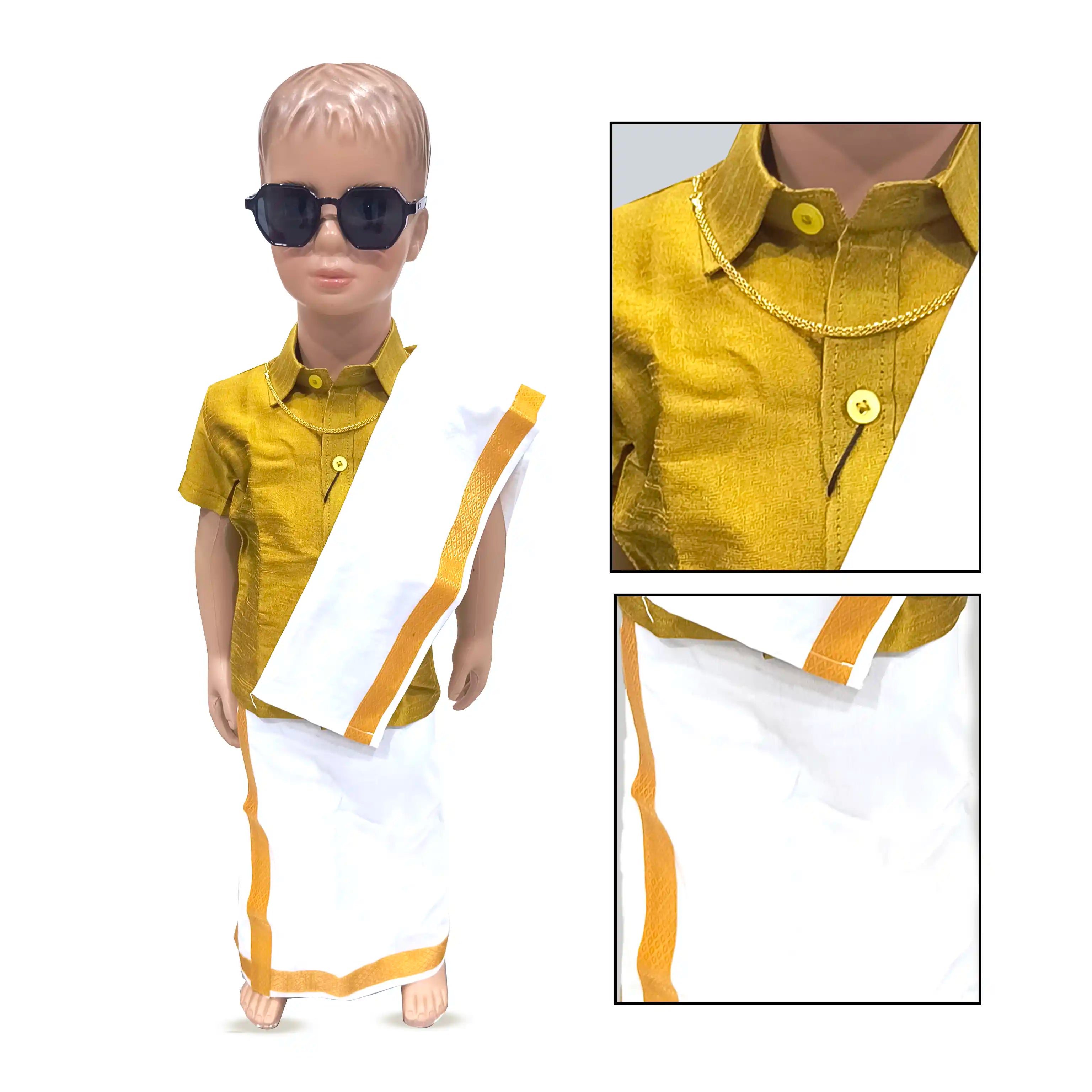 Readymade Silk Shirt with Kanduva and Cotton Dhoti - Multicolor