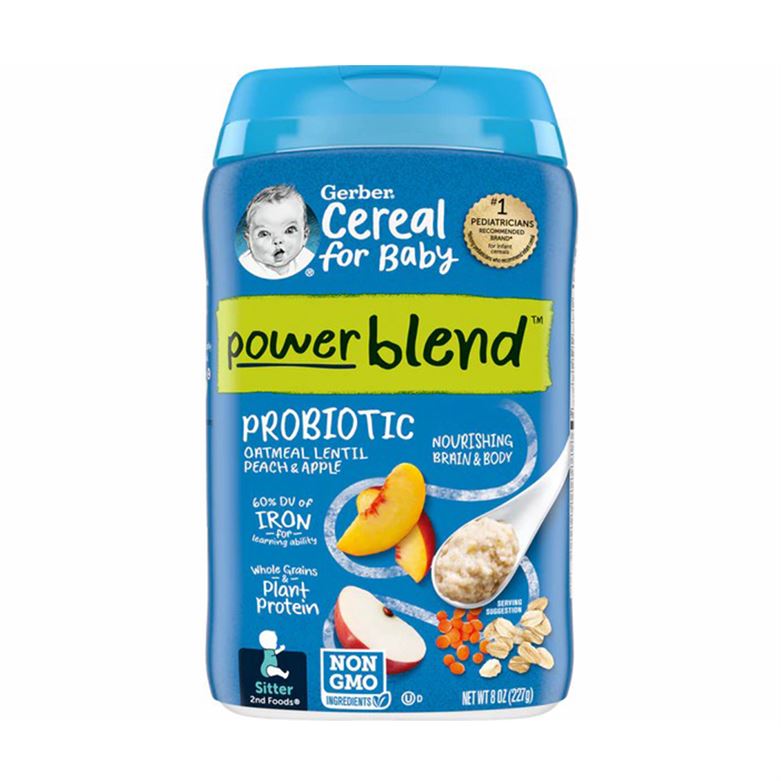 Gerber Power Blend Cereal,Probiotic Oatmeal,Lentil Peach & Apple-227g,Supported sitter 2nd Foods