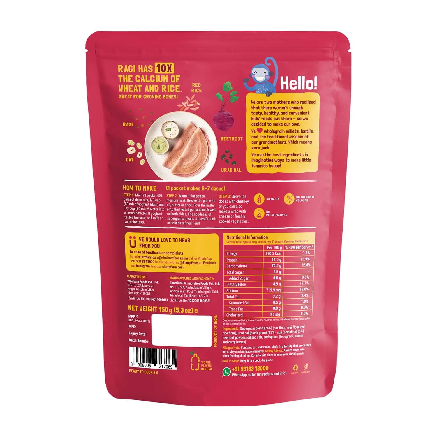 Buy Slurrp Farm Millet Dosa Mix with Beetroot for Small Children - 150gms Online in India at uyyaala.com 