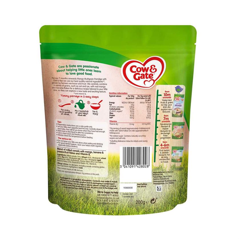 Cow & Gate Multigrain Baby Porridge with Mango, Oat & Rye, 7+months, 200gms