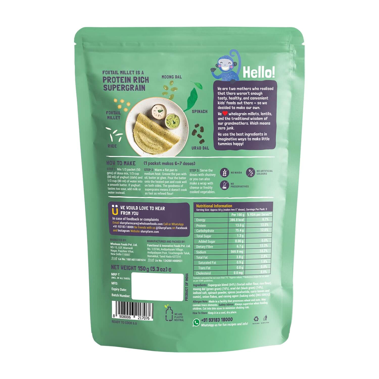 Slurrp Farm Millet Dosa Mix with Beetroot & Spinach for Small Children - 150gms, 1year & above, Combo Pack