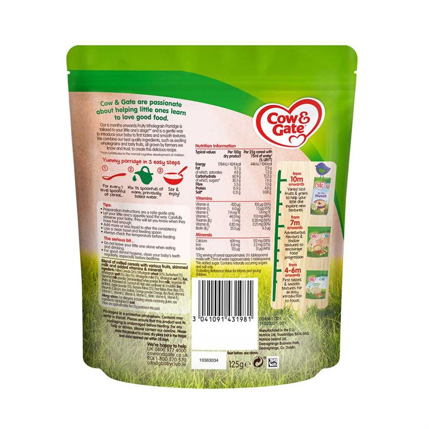 Cow & Gate Wholegrain Baby Porridge with Fruity, 6+months, 125gms