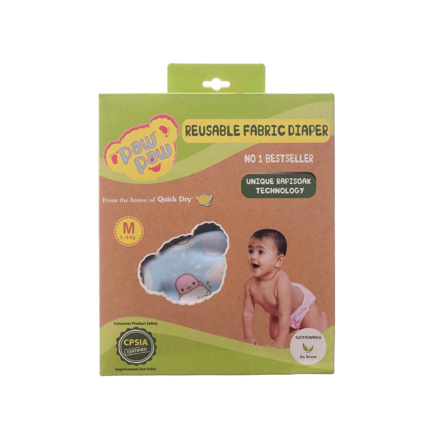 Paw Paw Washable Baby Diaper for reuse with Pad, Size M (for 5-9kg Baby) - Blue