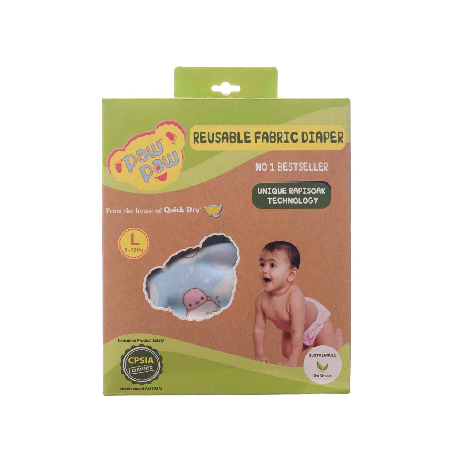 Paw Paw Washable Baby Diaper for reuse with Pad, Size L (for 8-12kg Baby) - Blue