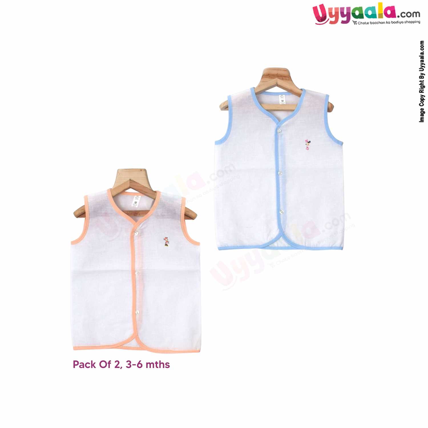POLAR CUBS Sleeveless Baby Jabla Set, Front Opening Button Model, Premium Quality Cotton Baby Wear, (3-6M), 2Pack - White with Blue & Orange Borders
