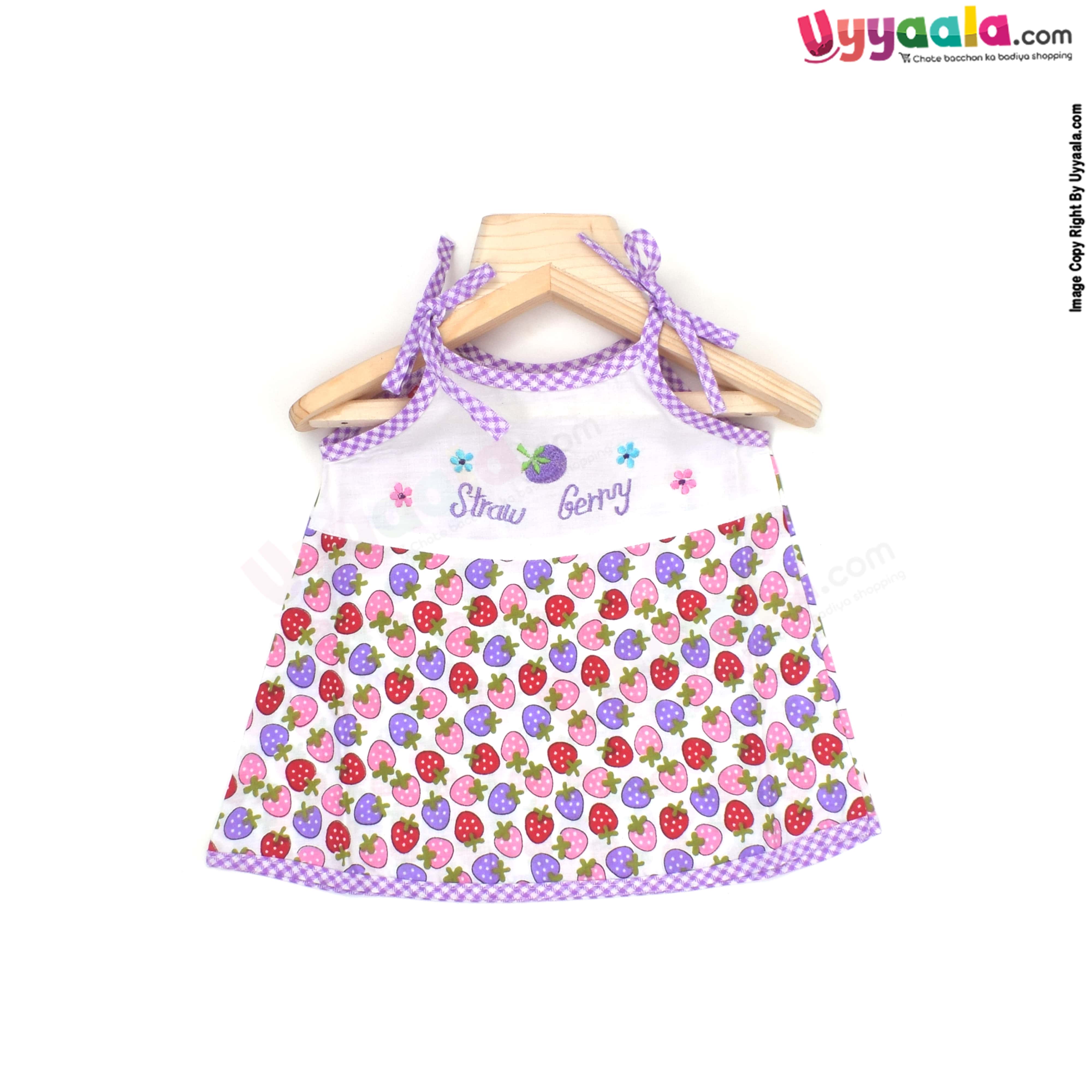 Baby Premium Quality Cotton Sleeve Less Newborn Frock Tying Model, Strawberry Print, Pink , Newborn (0-30days)