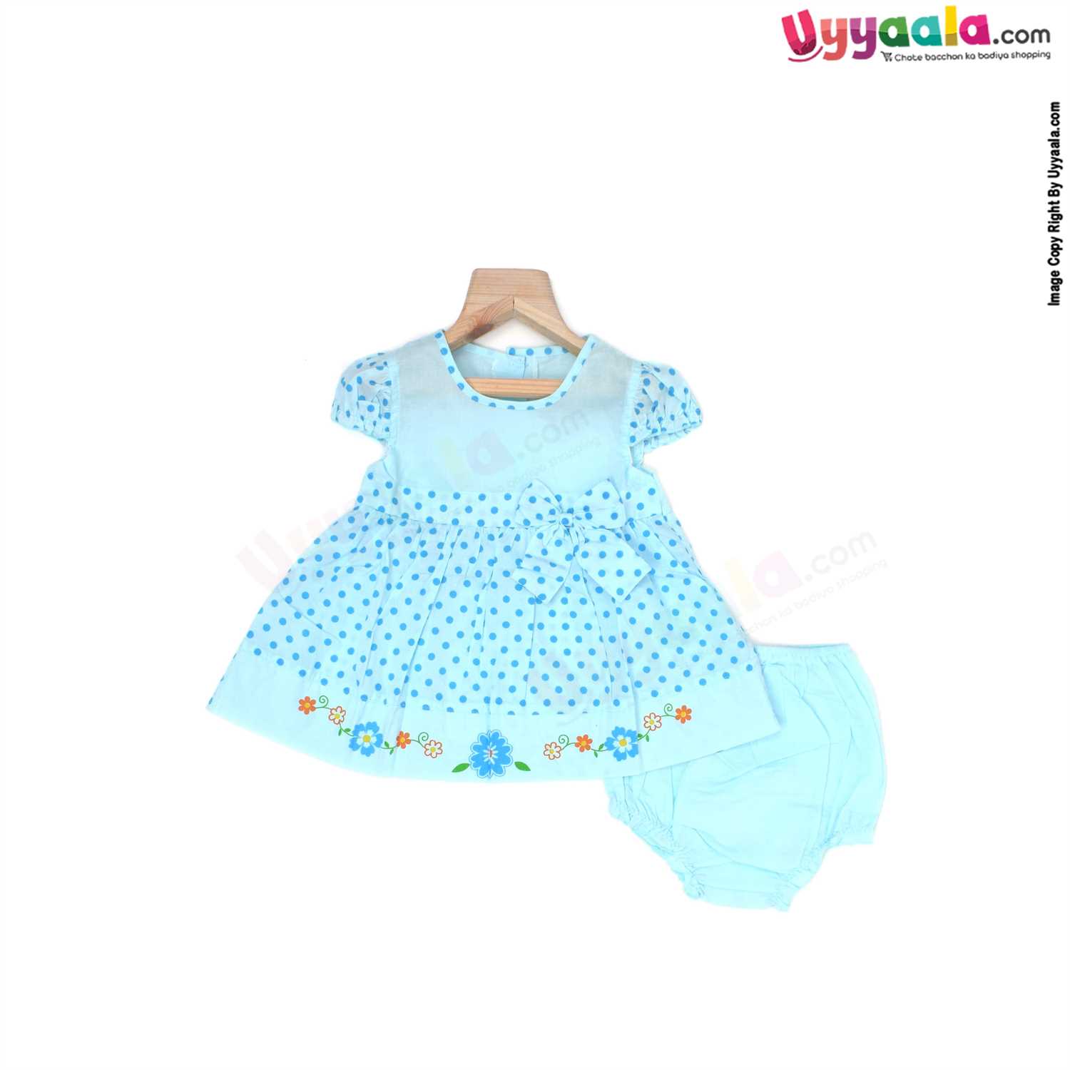 Half Sleeve Baby Frock with Bloomer, Back Open Button Design, Premium Quality Cotton Fabric, Dot Print - - Pink, Orange & Blue