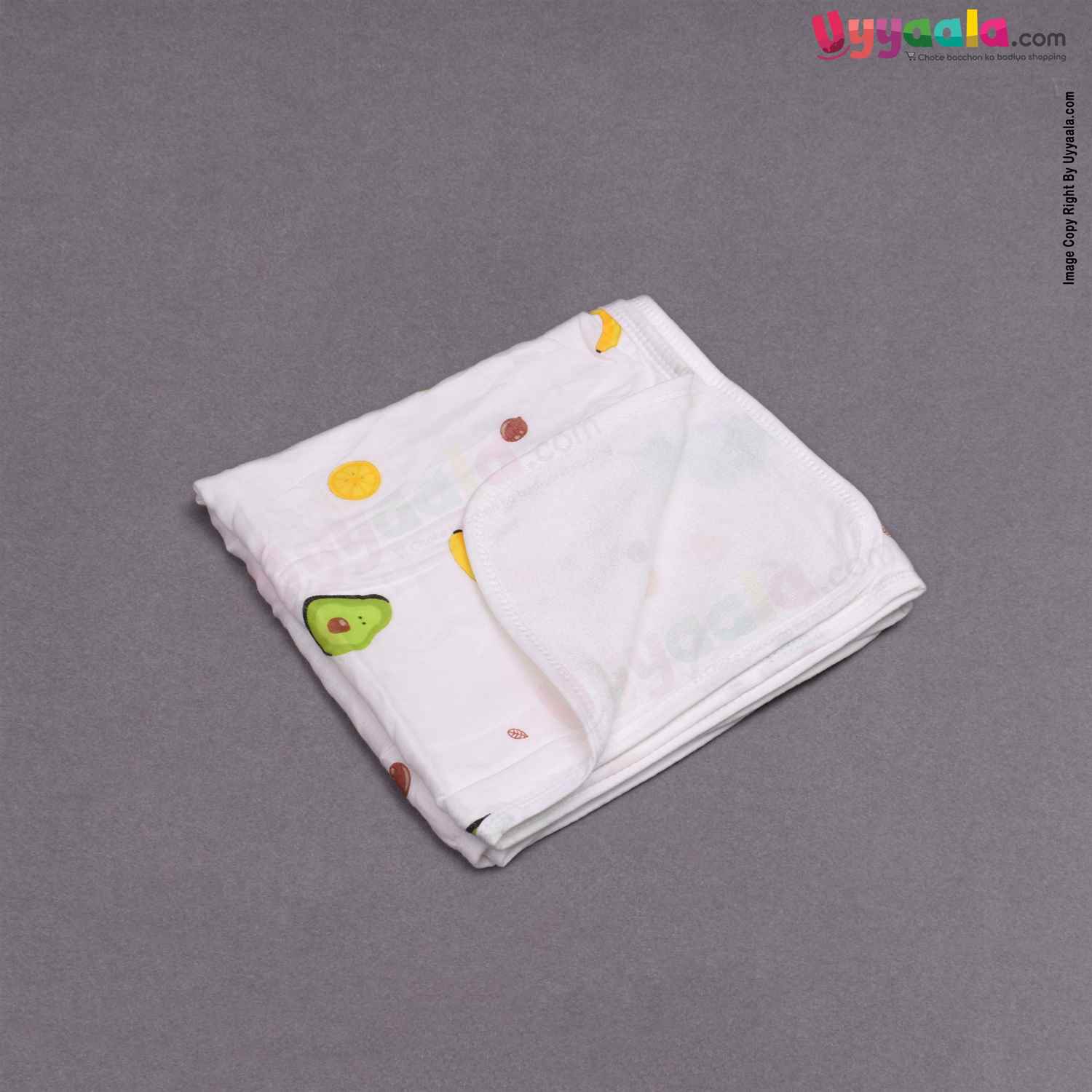 Double Layered Towel One Side Cotton &  Another Side Terry with Fruits & Leaves for Babies Print 0+m Age, Size(101*51cm)-White