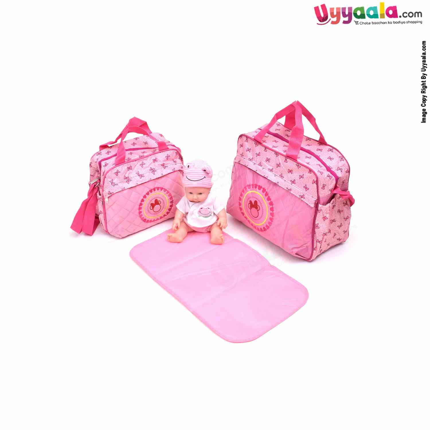 Premium Quality Multipurpose Mother Bag(Diaper Bag) with Bottle Holders & Bow Embroidery Combo of 2,Size(35*33/29*26) - Pink