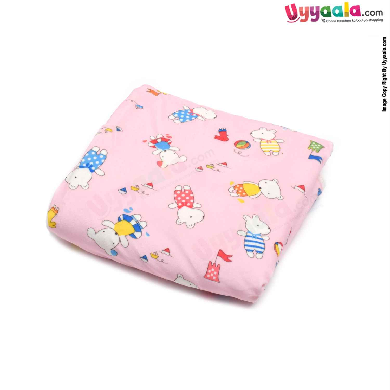 Double Layered (2 Ply) Hooded Blanket One Side Fur & Another Side Velvet with Animals Print for Babies 0-24m Age, Size(74*74cm)- Light Pink