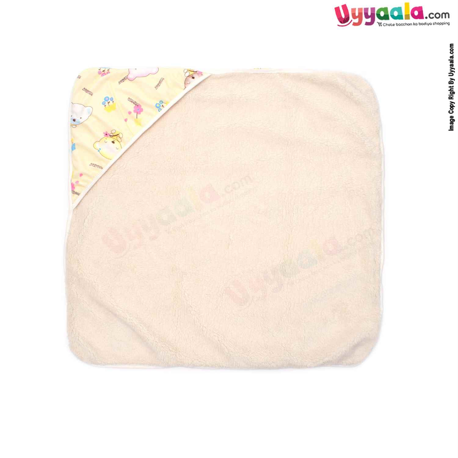 Double Layered (2 Ply) Hooded Blanket One Side Fur & Another Side Velvet with Teddy & Flowers Print for Babies 0-24m Age, Size(74*74cm)- Light Yellow