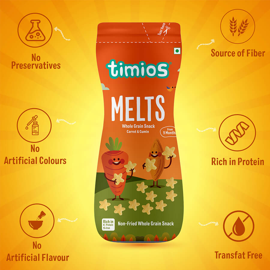 Buy Timios Melts - Carrot, Cumin flavored Puff Snacks - Pack of 2 Online in India at uyyaala.com