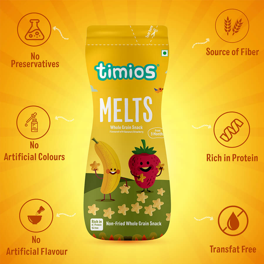 Buy Timios Melts - Banana & Strawberry flavored Puff Snacks for your Baby - 50gms Online in India at uyyaala.com
