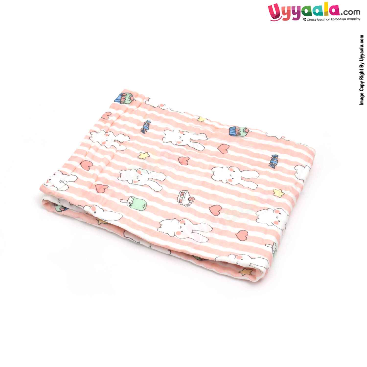 Four Layered Muslin Cotton Towel with Rabbit Print for babies 0+m Age, Size(95*51Cm)-Peach