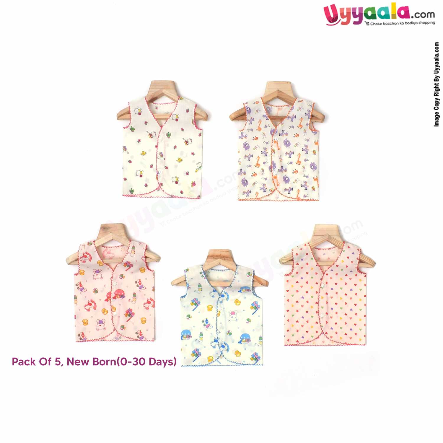 SNUG UP Sleeveless Baby Jabla Set, Front Opening Button Model, Premium Quality Cotton Baby Wear, Assorted Prints, (0-30 Days), 5 Pack - Multi color