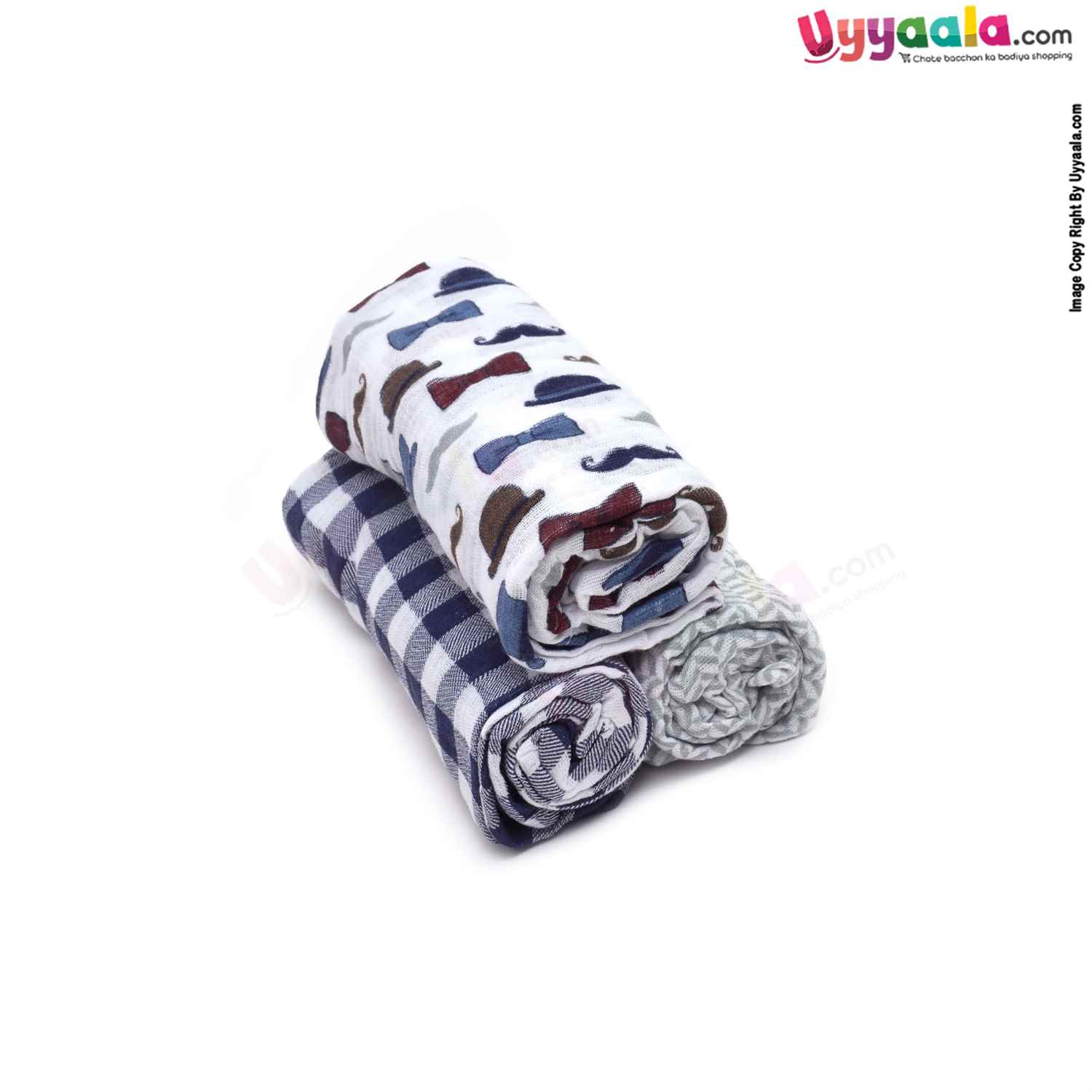 LUVABLE FRIENDS Muslin Cotton Wrapper Premium with Multi Print for Babies Pack of 3 0-24 Age, Size(110*110cm)-MultiColor