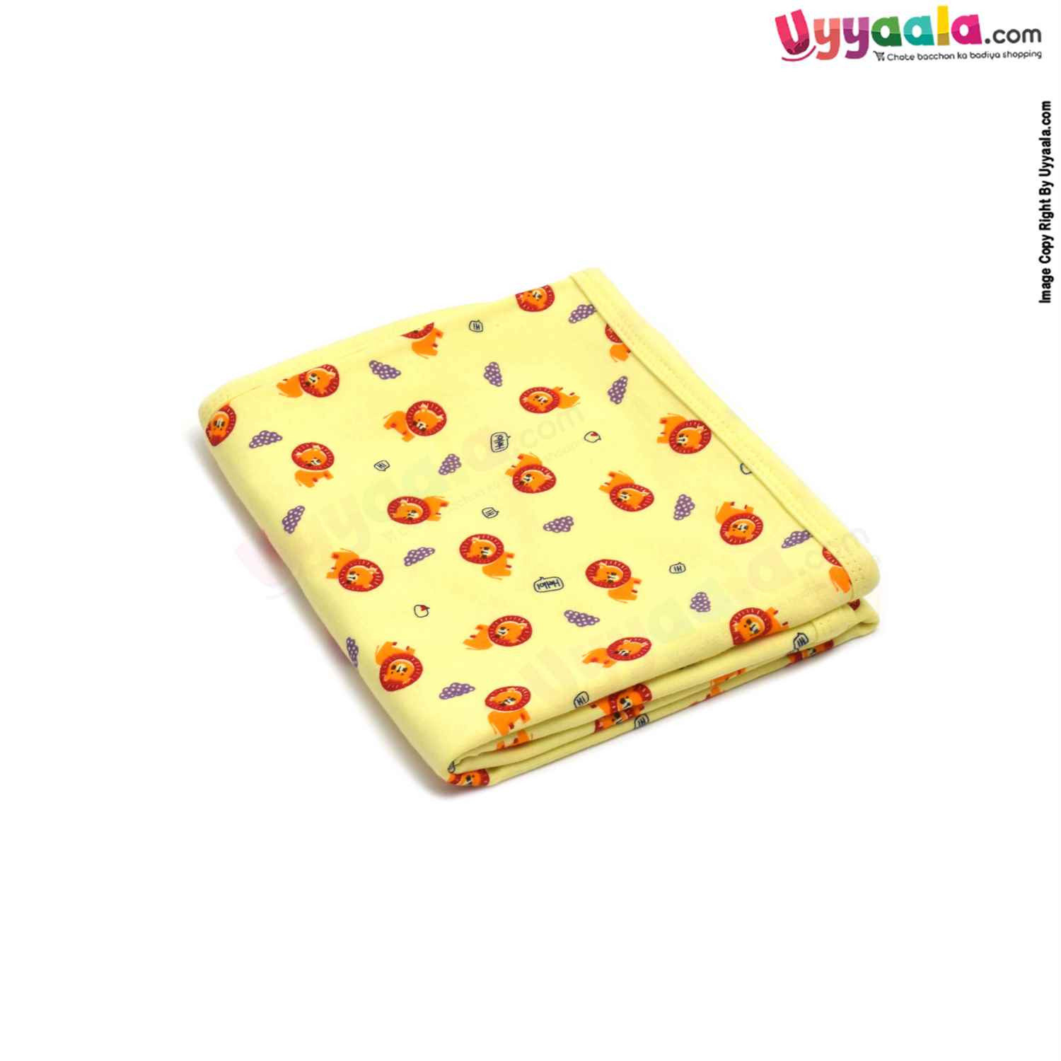 Hosiery Cotton Hooded Towel for Babies with Lion Print 0-12m Age, Size (86*72cm)- Yellow