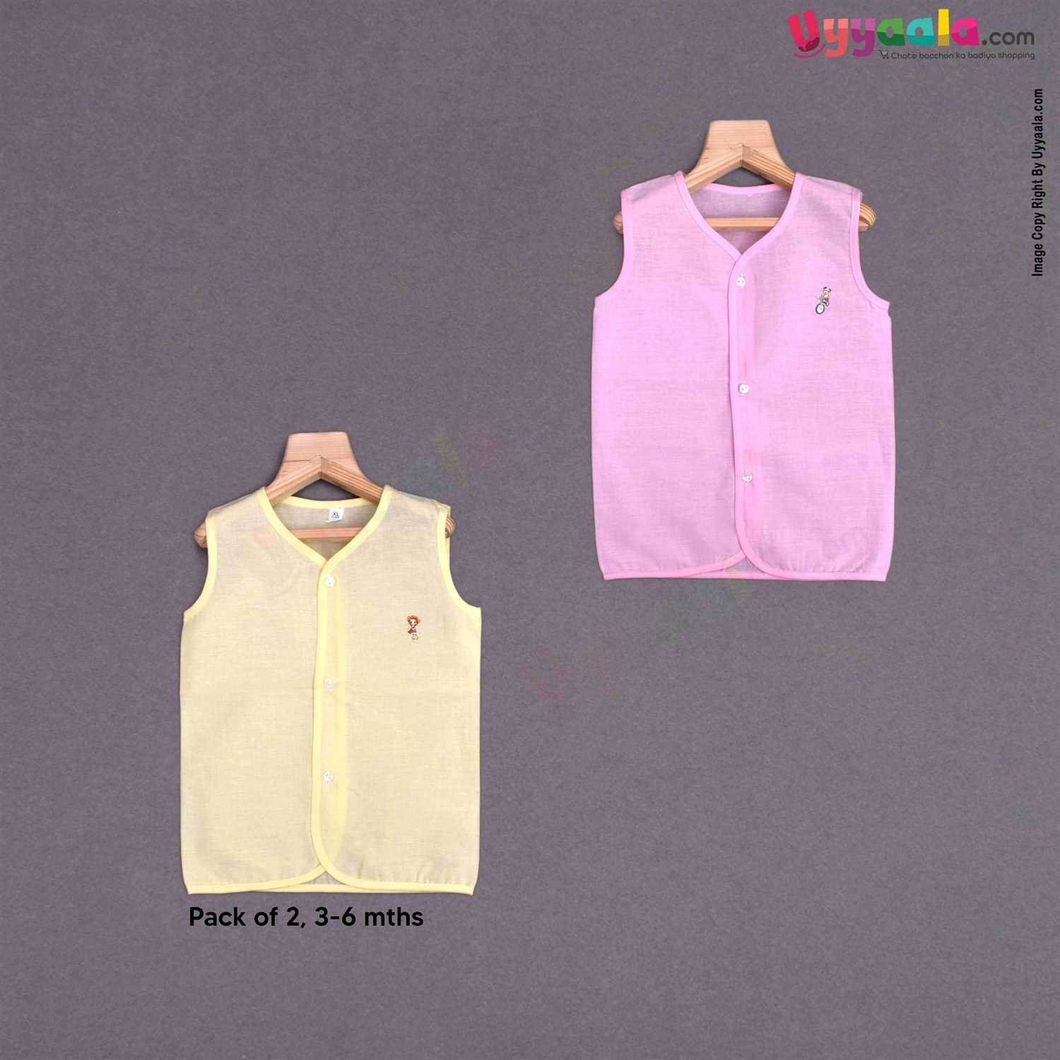 POLAR CUBS Sleeveless Baby Jabla Set, Front Opening Button Model, Premium Quality Cotton Baby Wear, (6-12M) XL, 2Pack - Yellow & Pink