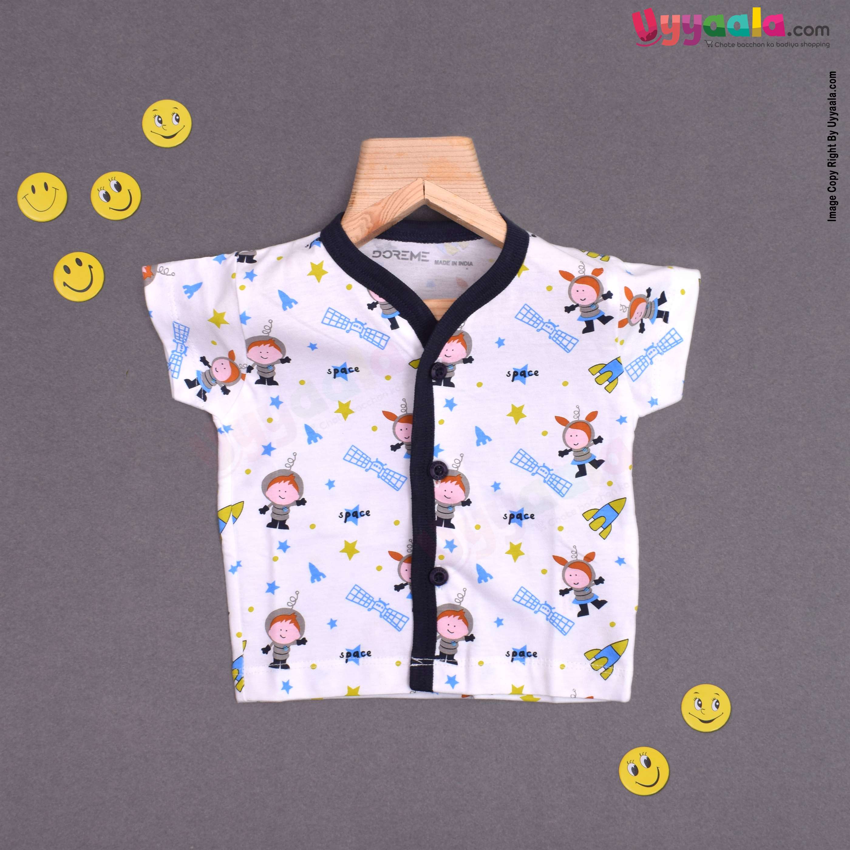 Doreme half sleeve hosiery cotton jablas white with cartoon print