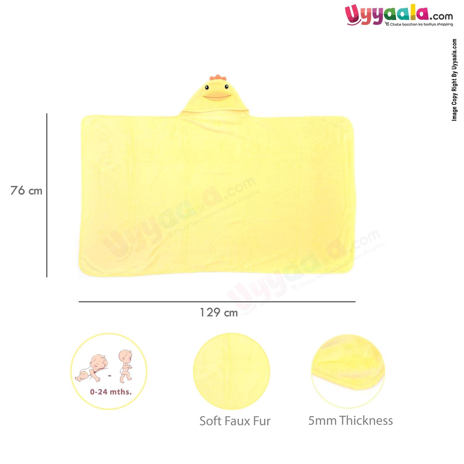 Hooded Coral Fur Blanket Chick Character 0-24m Age, Yellow