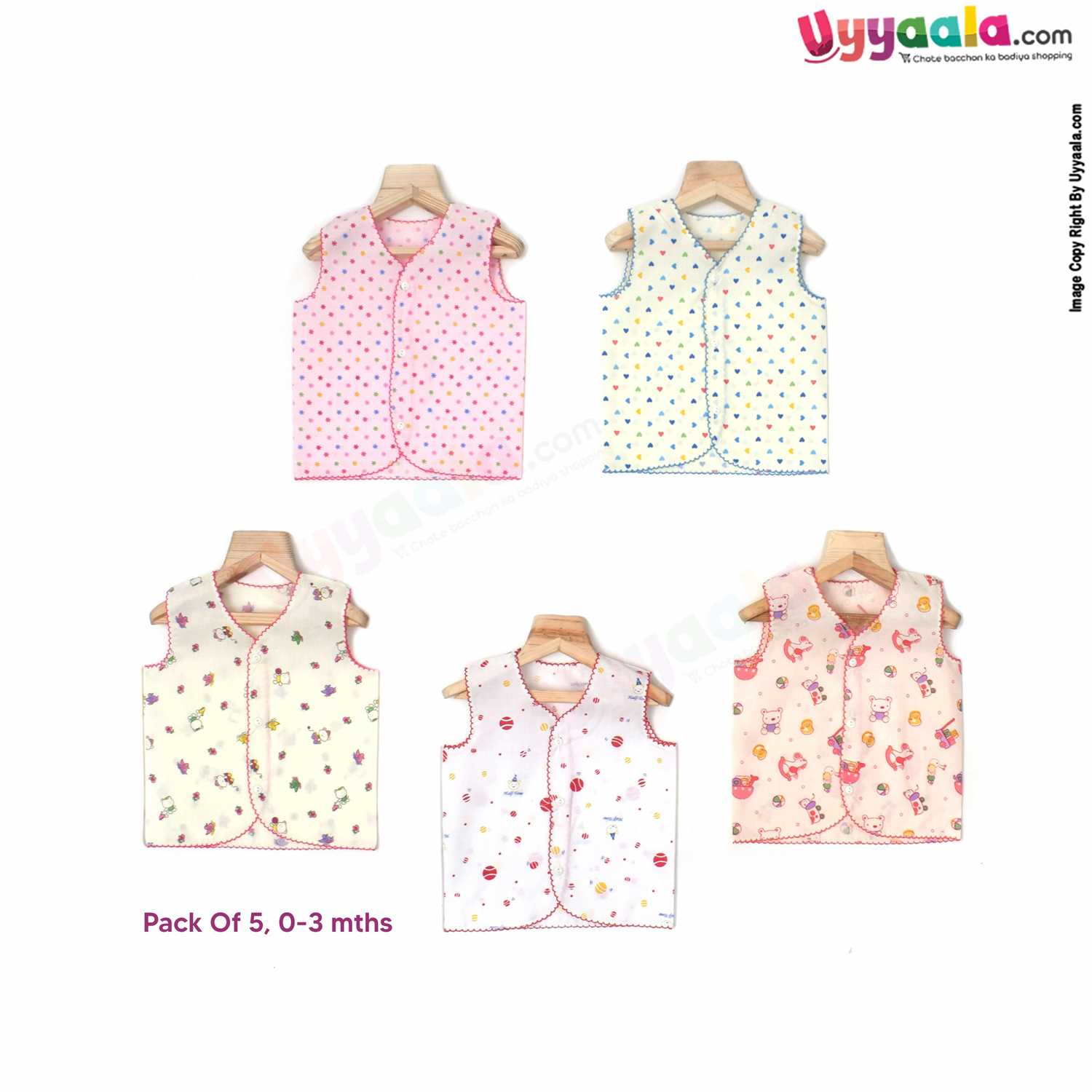 POLAR CUBS Sleeveless Baby Jabla Set, Front Opening Button Model, Premium Quality Cotton Baby Wear, Assorted Prints, (0-3M), 5Pack - Multicolor