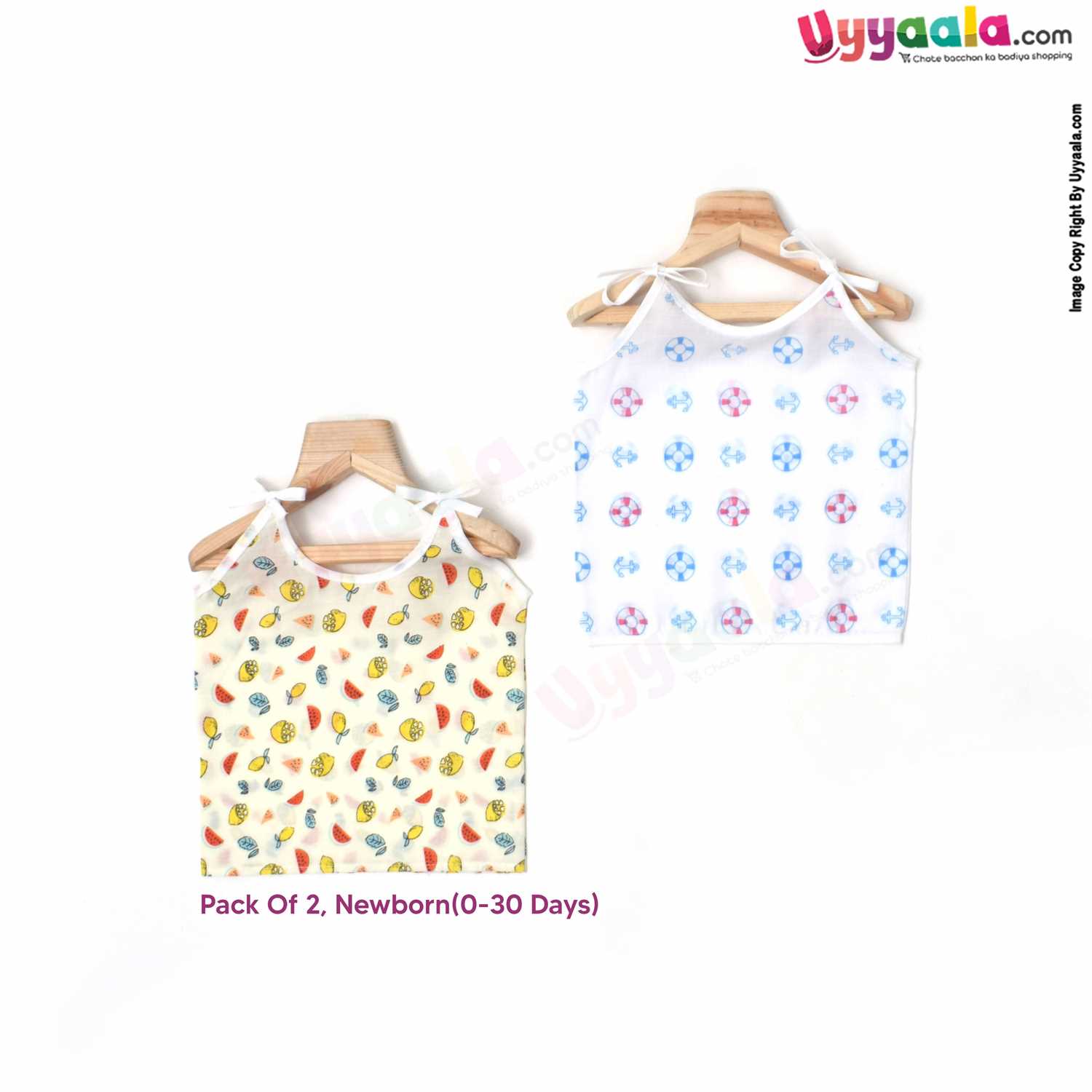 POLAR CUBS Sleeveless Baby Jabla Set, Top Opening Tie knot Lace Model, Premium Quality Cotton Baby Wear, (0-30 Days), Fruits & Anchor Print, 2Pack - Cream & White
