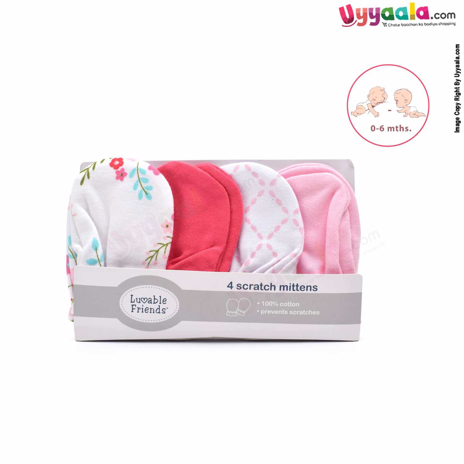 LUVABLE FRIENDS Hosiery Cotton Mittens 4p Set for Babies with Multi Print,0-6 Age - Multi Color