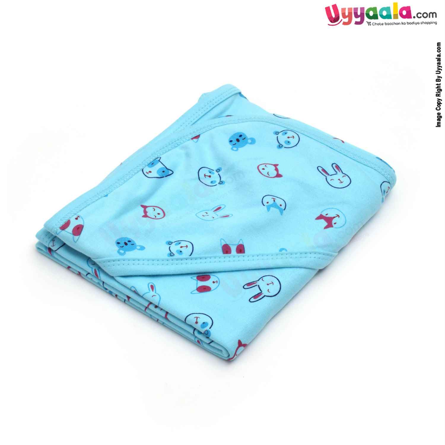 Hosiery Cotton Hooded Towel for Babies with Animal Print 0-12m Age, Size (86*72cm)- Blue