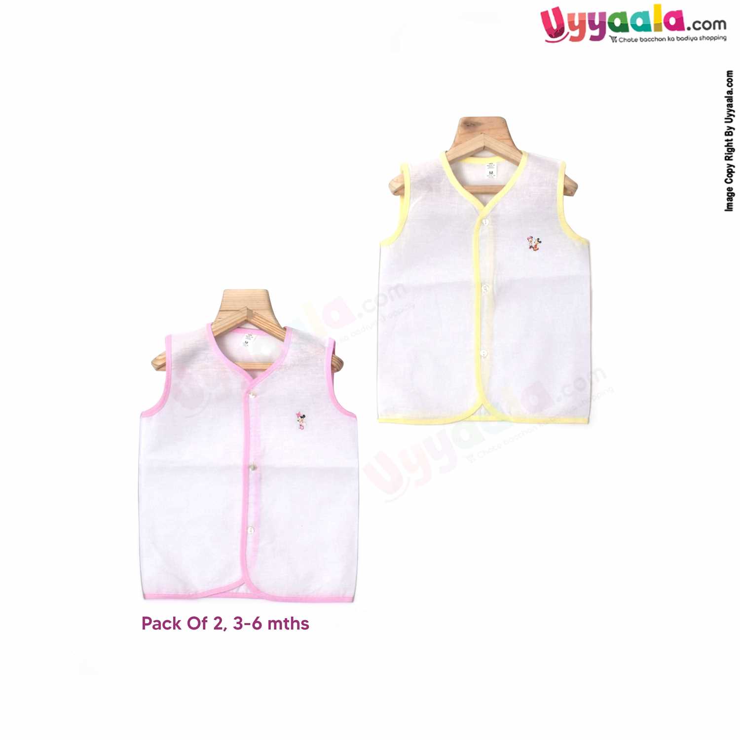 POLAR CUBS Sleeveless Baby Jabla Set, Front Opening Button Model, Premium Quality Cotton Baby Wear, (3-6M), 2Pack - White with Pink & Yellow Borders