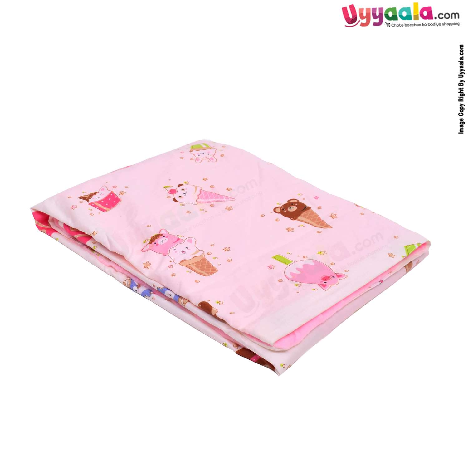 Double Layered Blanket One Side Fur & Another Side Cotton with Ice Creams Print for Babies 0-24m Age, Size (106*75cm) -Light Pink