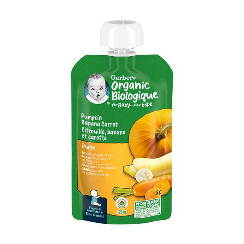 Gerber Organic Biologique Puree for Babies, Pumpkin, Banana & Carrot - 128ml, 6 Months +