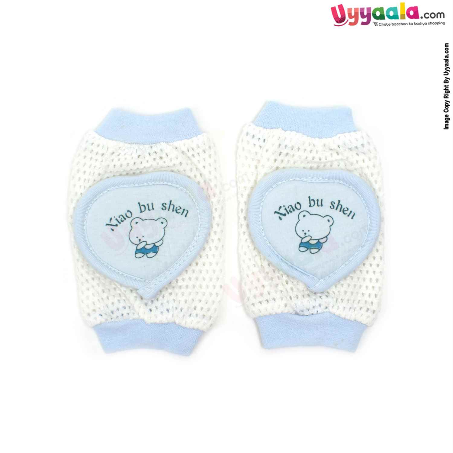 Cotton Stretchable Knee Protection Pads for Crawling Babies with Heart Shape Patch Teddy Bear Print Pack of 1 Pair , 6m-2Y Age - White & Light Blue