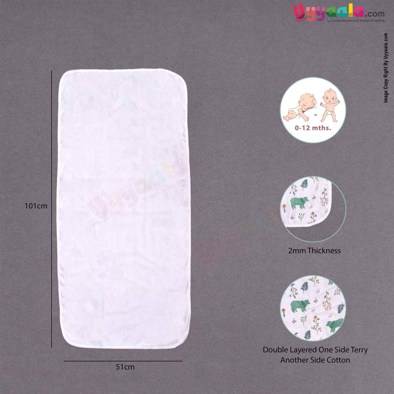 Double Layered Towel One Side Cotton &  Another Side Terry with Flowers & Bears for Babies Print 0+m Age, Size(101*51cm)-White