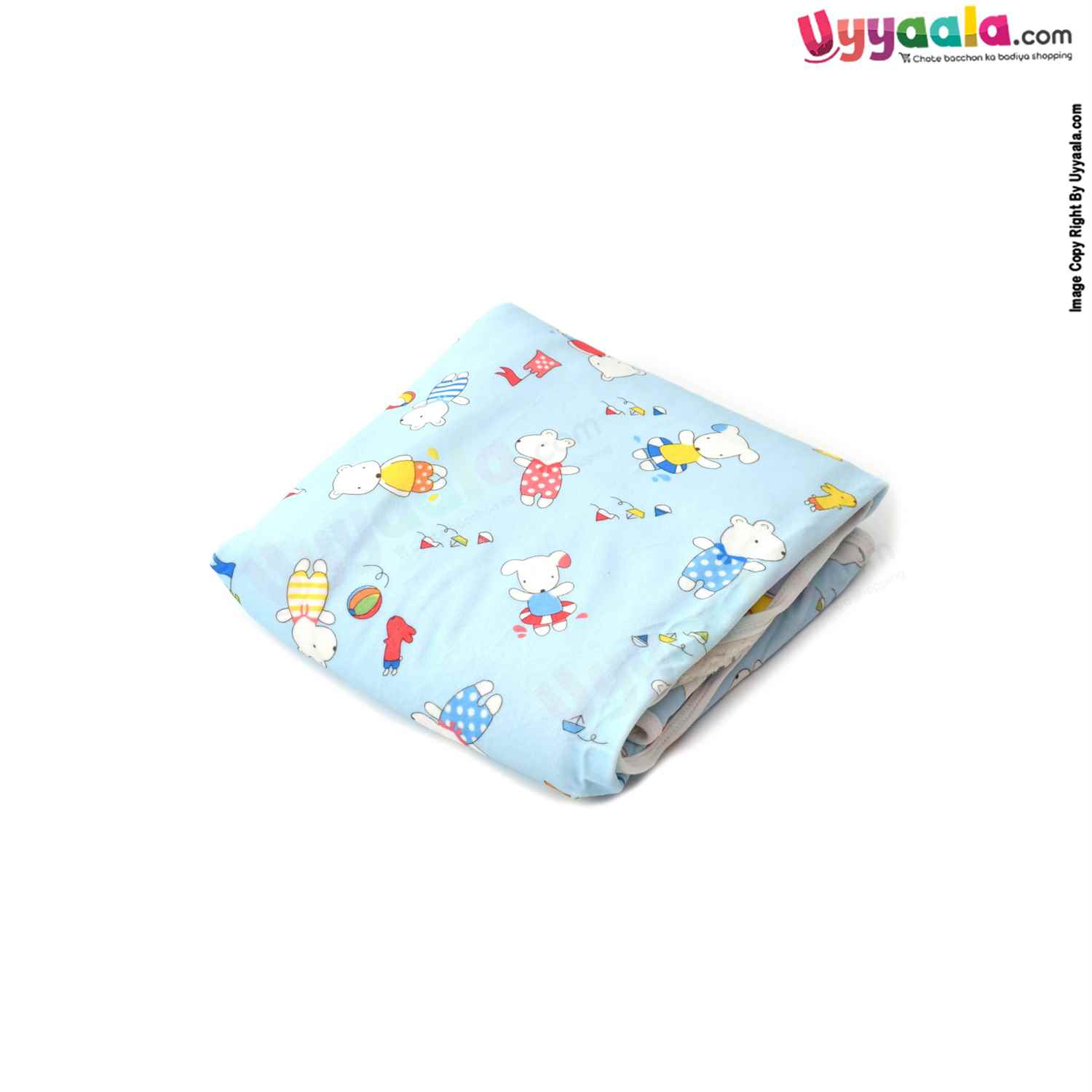 Double Layered (2 Ply) Hooded Blanket One Side Fur & Another Side Velvet with Animals Print for Babies 0-24m Age, Size(74*74cm)- Light Blue