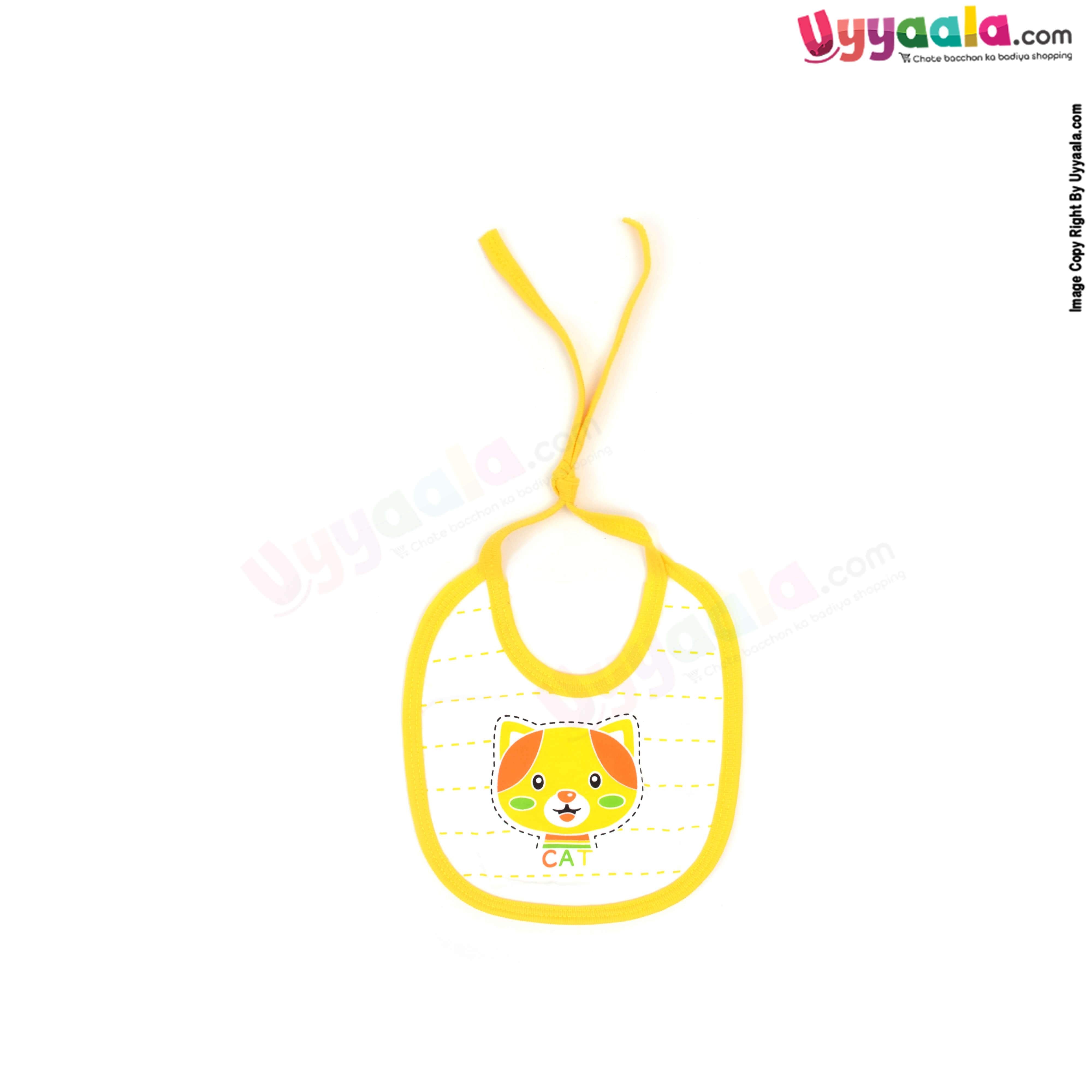 Cotton Baby Feeding Bib, Newborn Top Tieing Model, Kitty & Hippo Print, Pack of 2, (20*18) - White with Yellow & Orange Borders