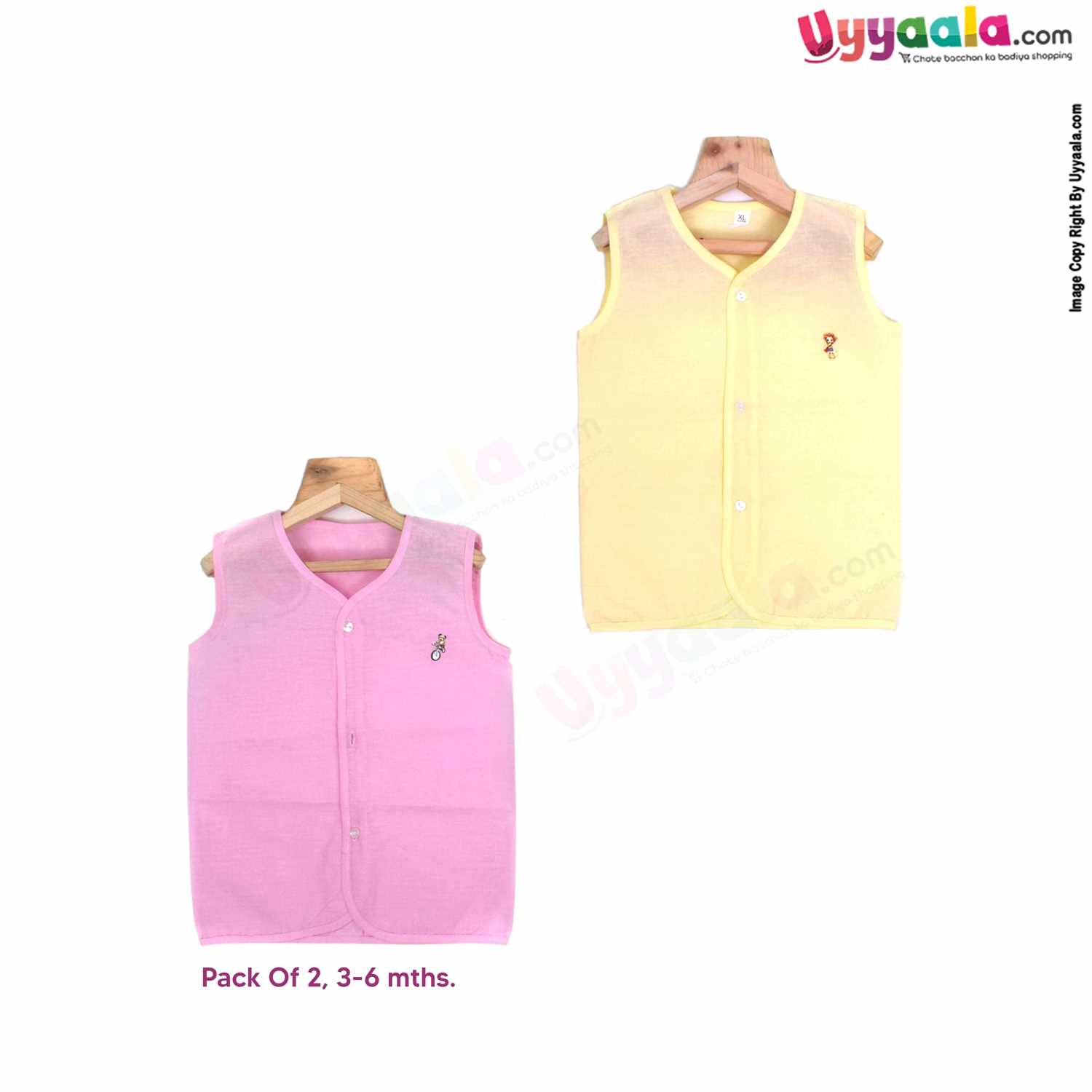 POLAR CUBS Sleeveless Baby Jabla Set, Front Opening Button Model, Premium Quality Cotton Baby Wear, (3-6M), 2Pack - Pink & Yellow