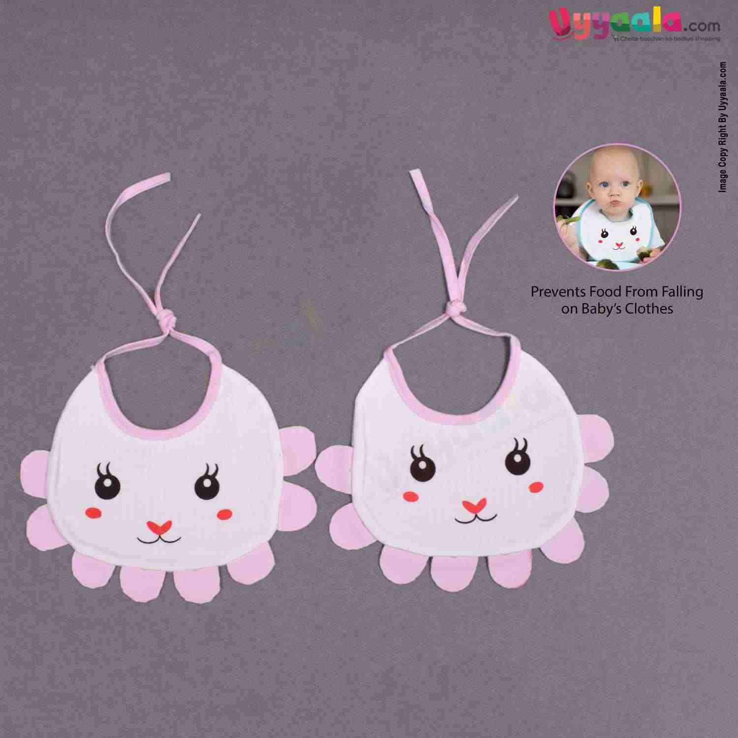 Baby Bib Soft Cotton Hosiery with Cute Kitty Print Pack of 2, Size(17*23cm)-White & Pink