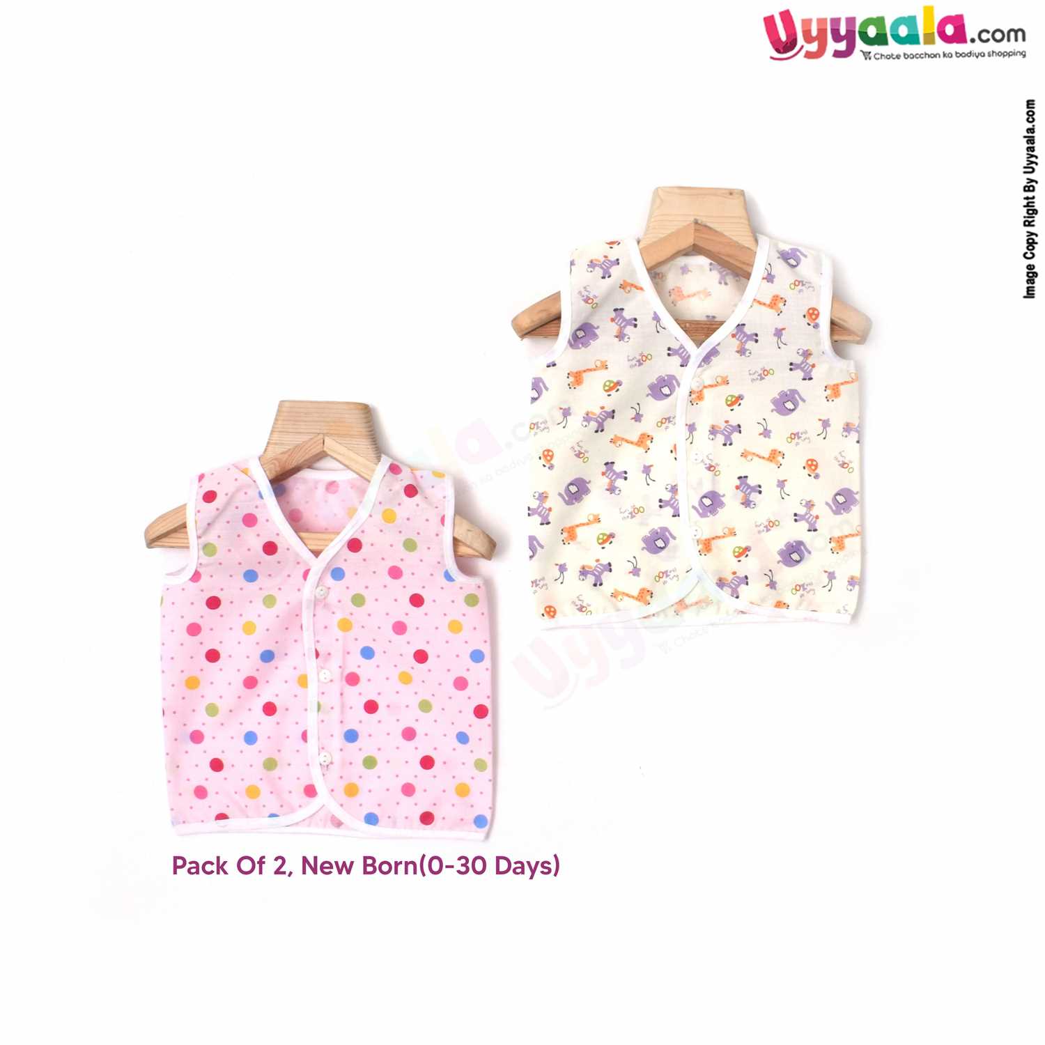 SNUG UP Sleeveless Baby Jabla Set, Front Opening Button Model, Premium Quality Cotton Baby Wear, (0-30 Days), 2 Pack, Dots & Animals Print - Pink & Cream