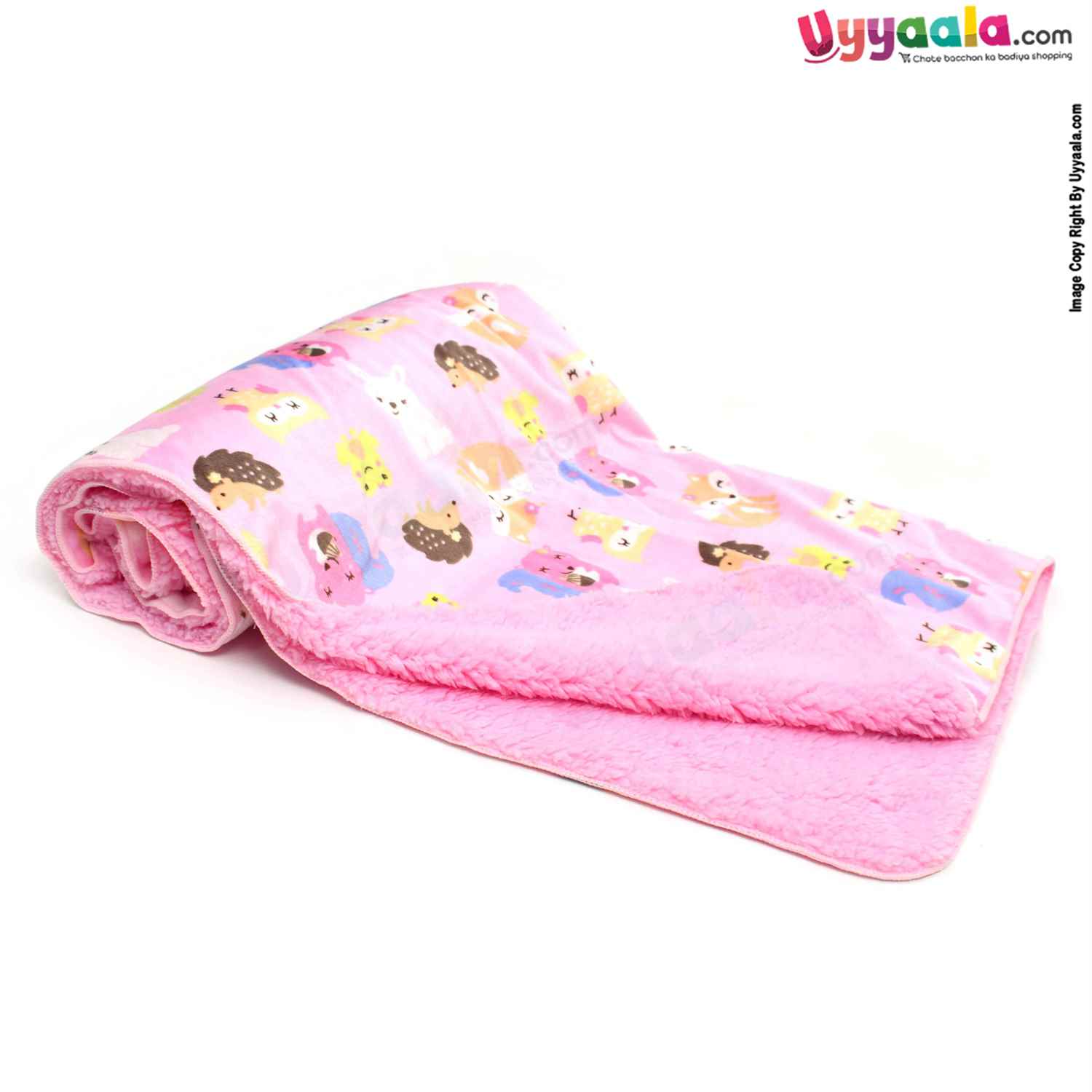 Double Layered Blanket One Side Fur & Other Side Velvet with Animals Print 0-24m Age, Size (99*75cm)- Pink