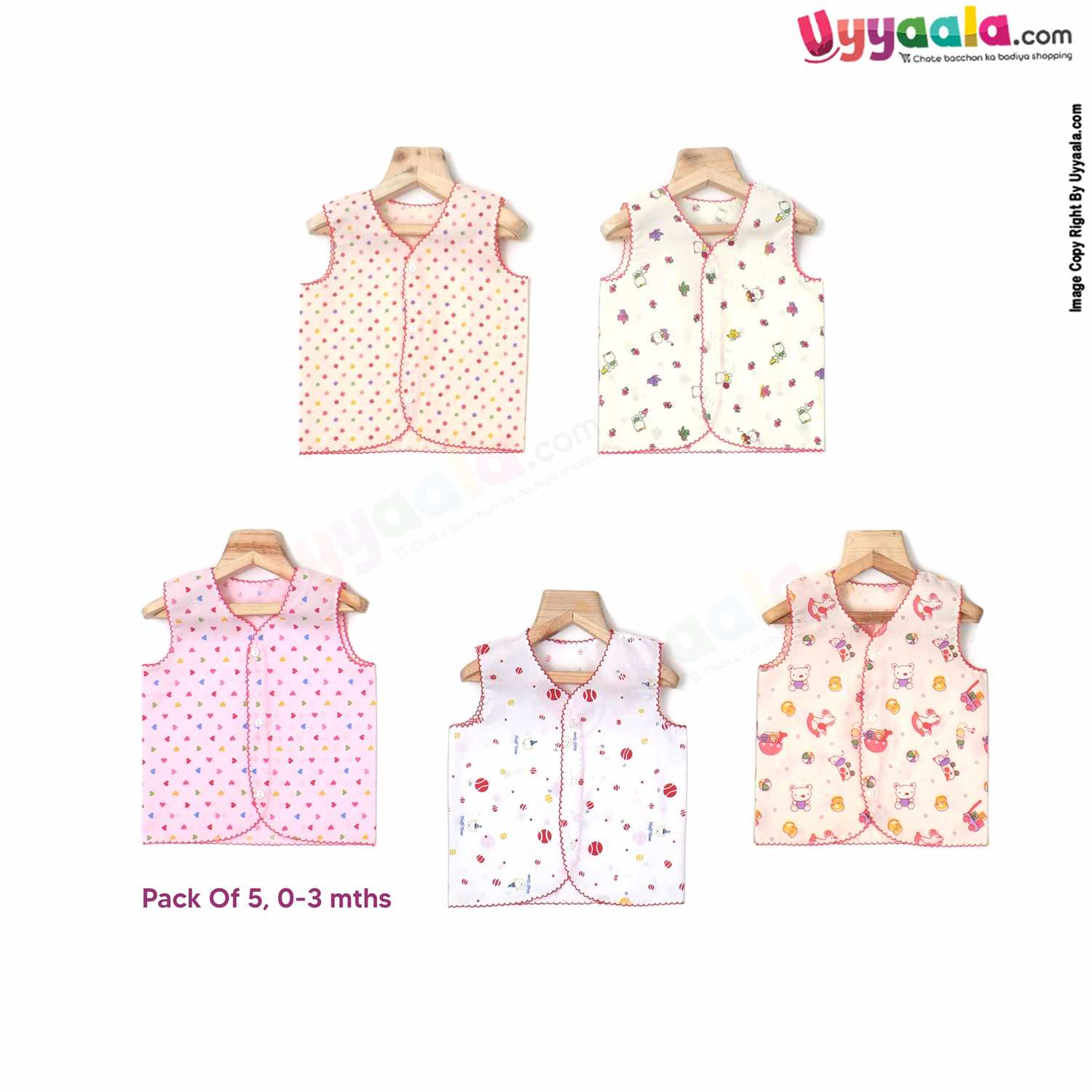 POLAR CUBS Sleeveless Baby Jabla Set, Front Opening Button Model, Premium Quality Cotton Baby Wear, Assorted Prints, (0-3M), 5Pack - Multicolor