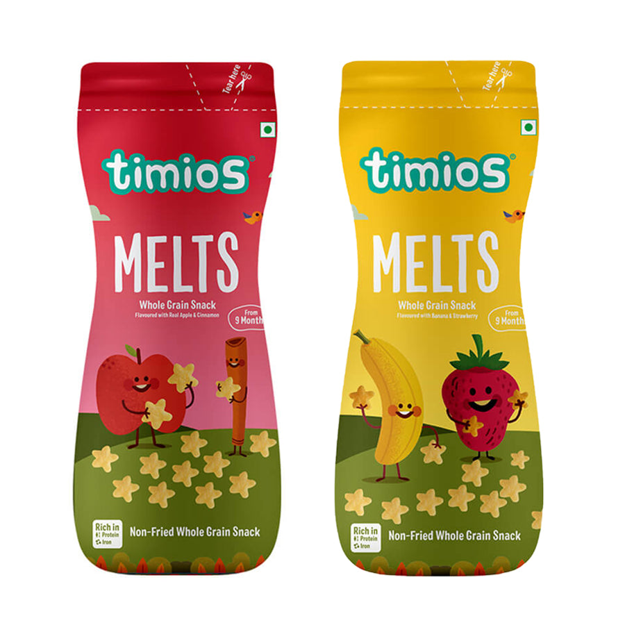 Buy Timios Melts - Apple, Cinnamon & Banana, Strawberry flavored Puff Snacks - Pack of 2 Online in India at uyyaala.com