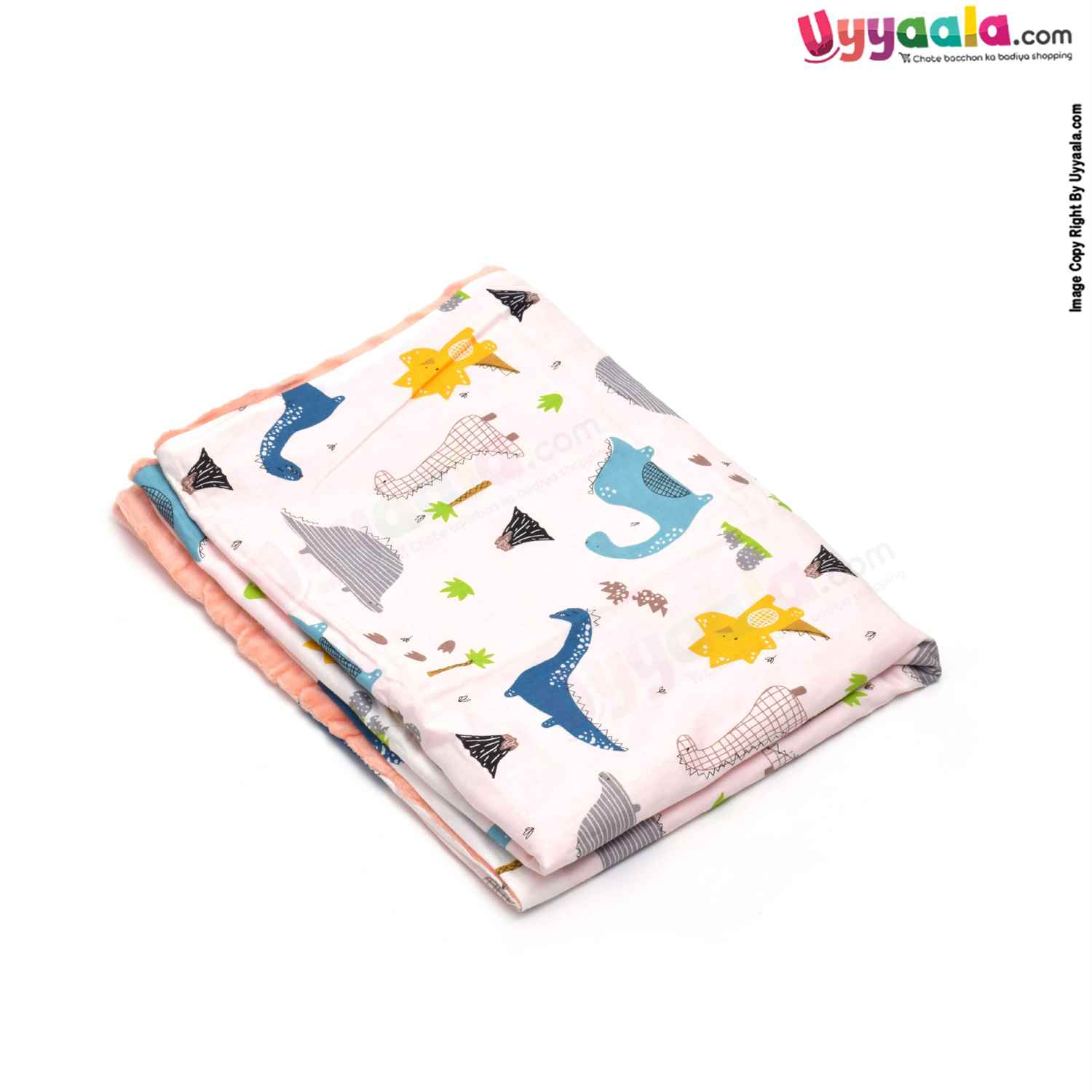 Double Layered Wrapper Premium One Side Velvet & Other Side Cotton with Dino Print for Babies 0-24m Age, Size(105*71cm)- White & Peach