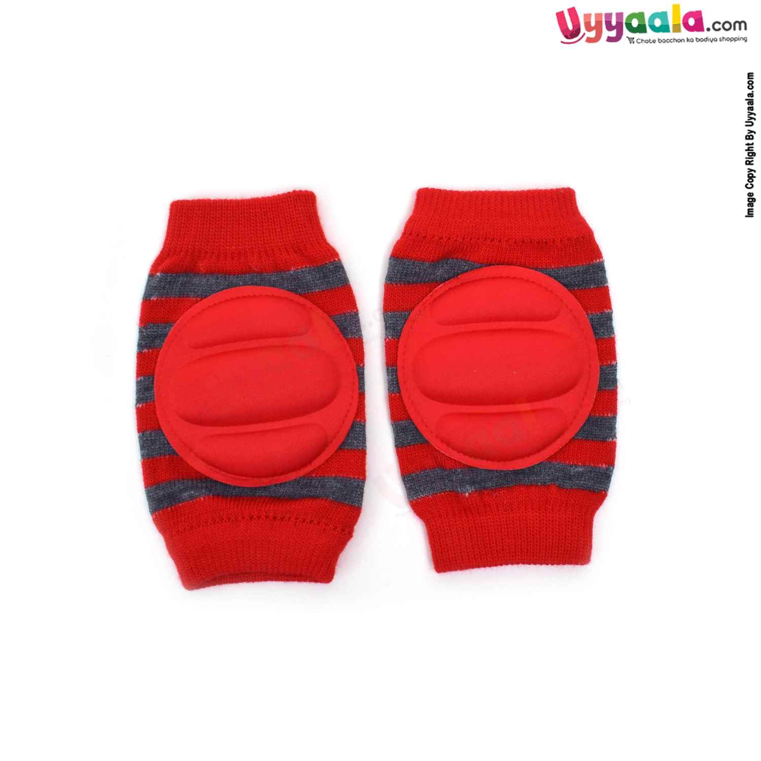 Hosiery Cotton Stretchable Knee Protection Pads for Crawling Babies with Stripes Print Pack of 1 Pair , 6m-2Y Age - Red & Grey