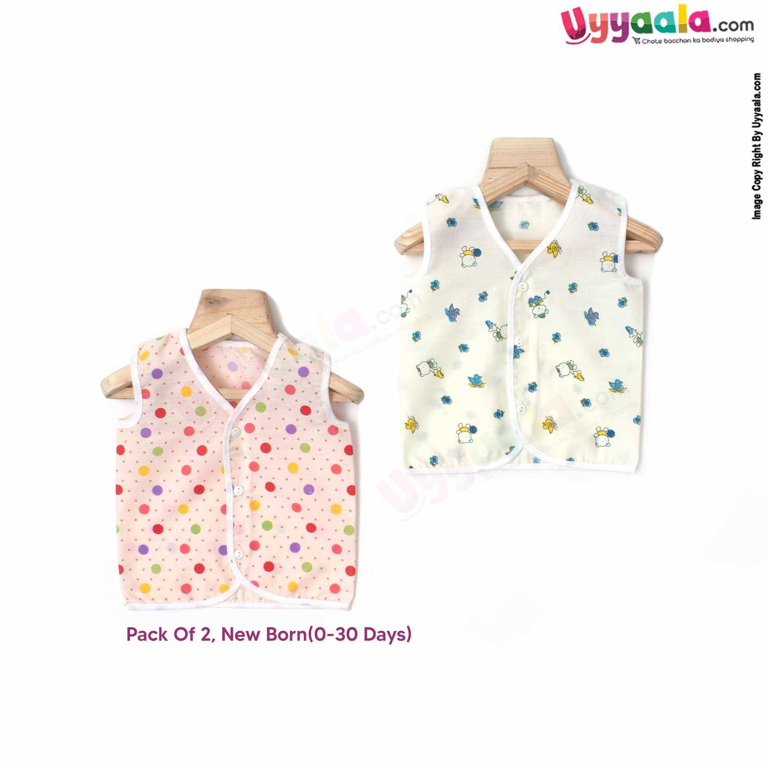 SNUG UP Sleeveless Baby Jabla Set, Front Opening Button Model, Premium Quality Cotton Baby Wear, (0-30 Days), Dots & Bear Print, 2Pack - Cream & Peach